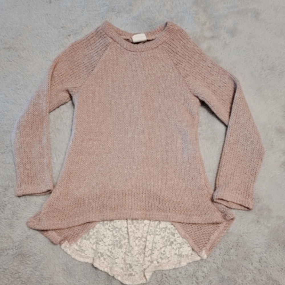 ML Kids Girls Knit Sweater/ Dress/ Tunic - Lace Bow Back Size 7 Pink
